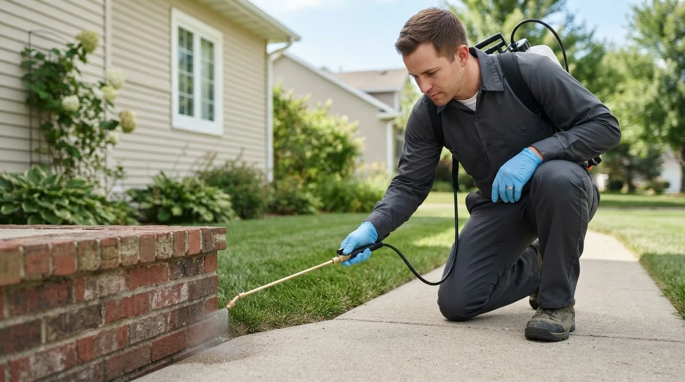 Pest control technician treating a home near Etna Green, IN
