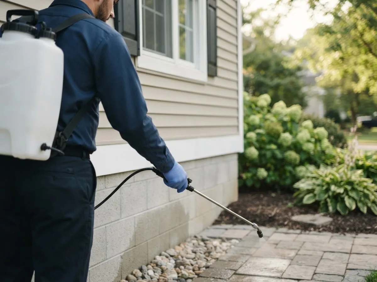 Pest control technician inspecting a home in Etna Green, IN